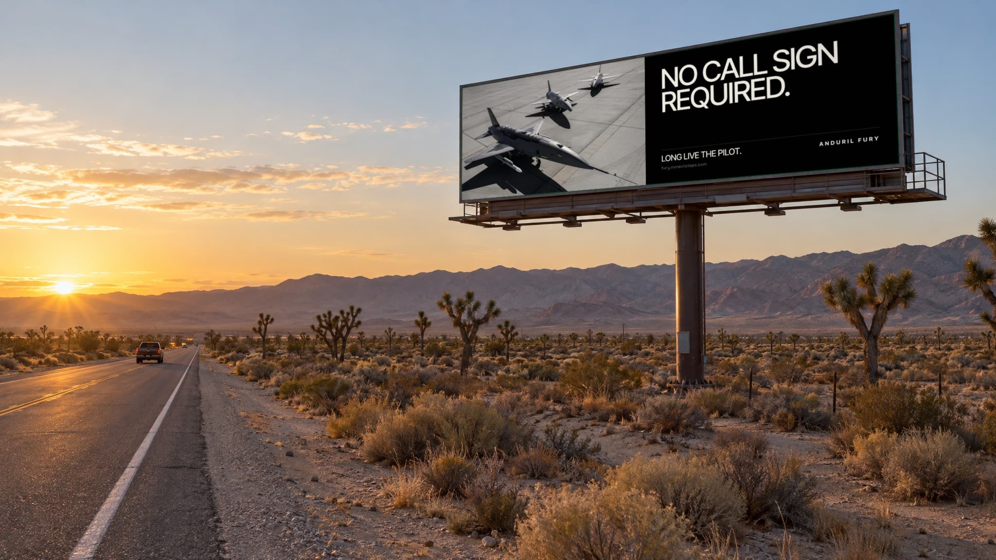 The bulletin on a desert highway at sunset among Joshua trees: three Furys on the ramp and NO CALL SIGN REQUIRED.