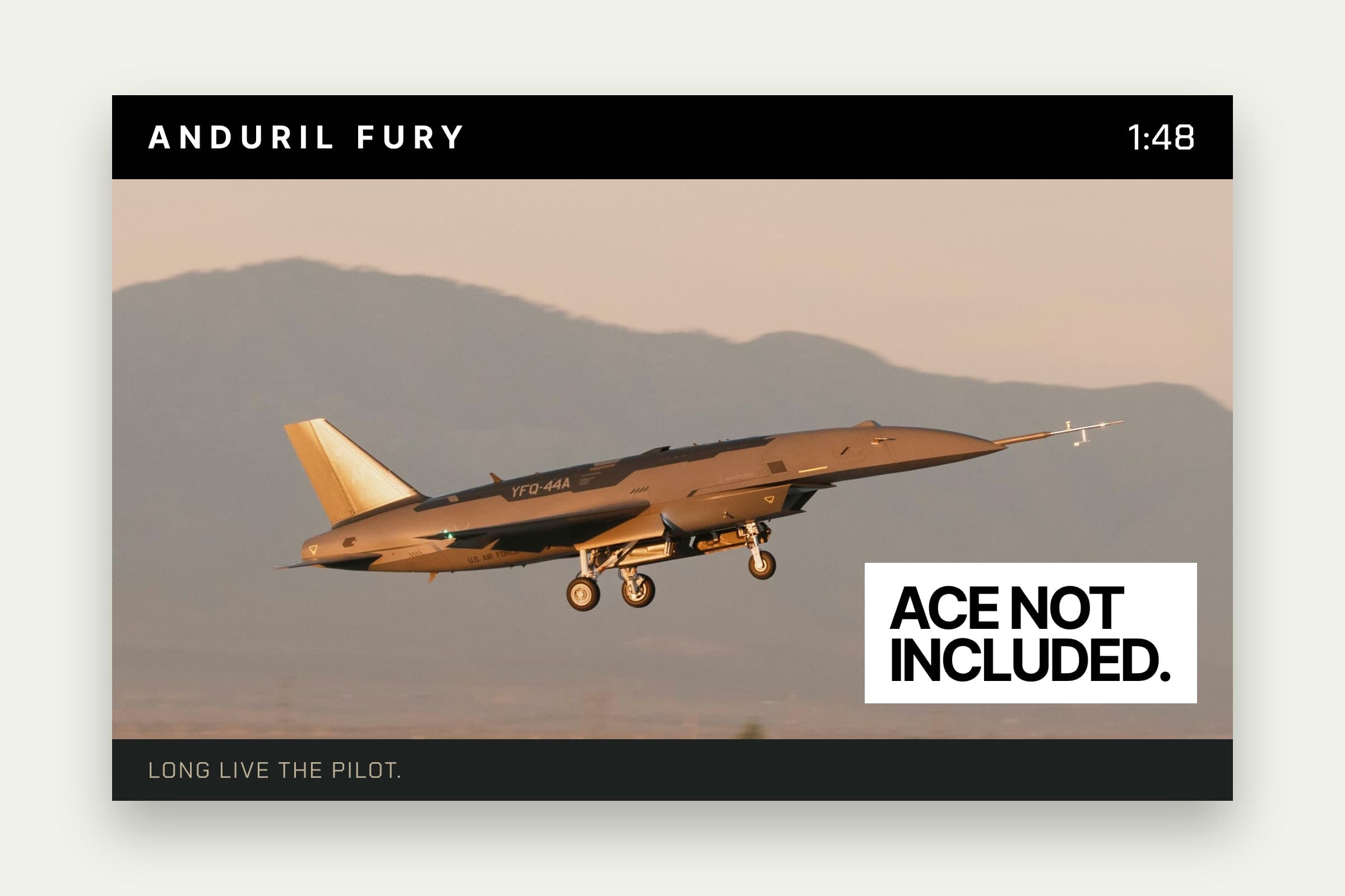 Flat layout of a 1:48 Fury model kit box: Anduril Fury across the top, Fury taking off at golden hour on the lid and ACE NOT INCLUDED where a kit would say pilot figure included