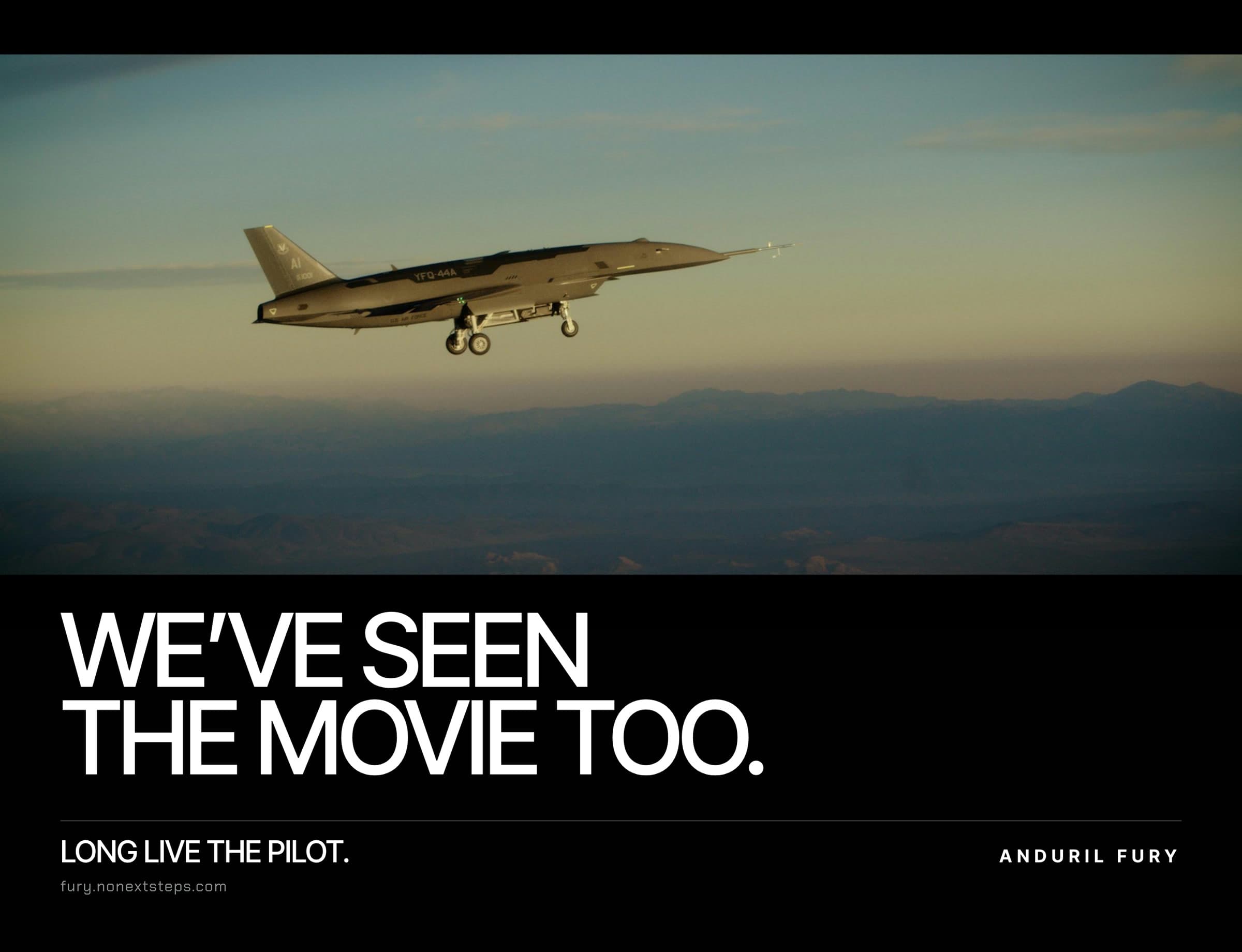 Metro two-sheet: Fury climbing out at dusk, framed like a film still. WE'VE SEEN THE MOVIE TOO. Long live the pilot. Anduril Fury