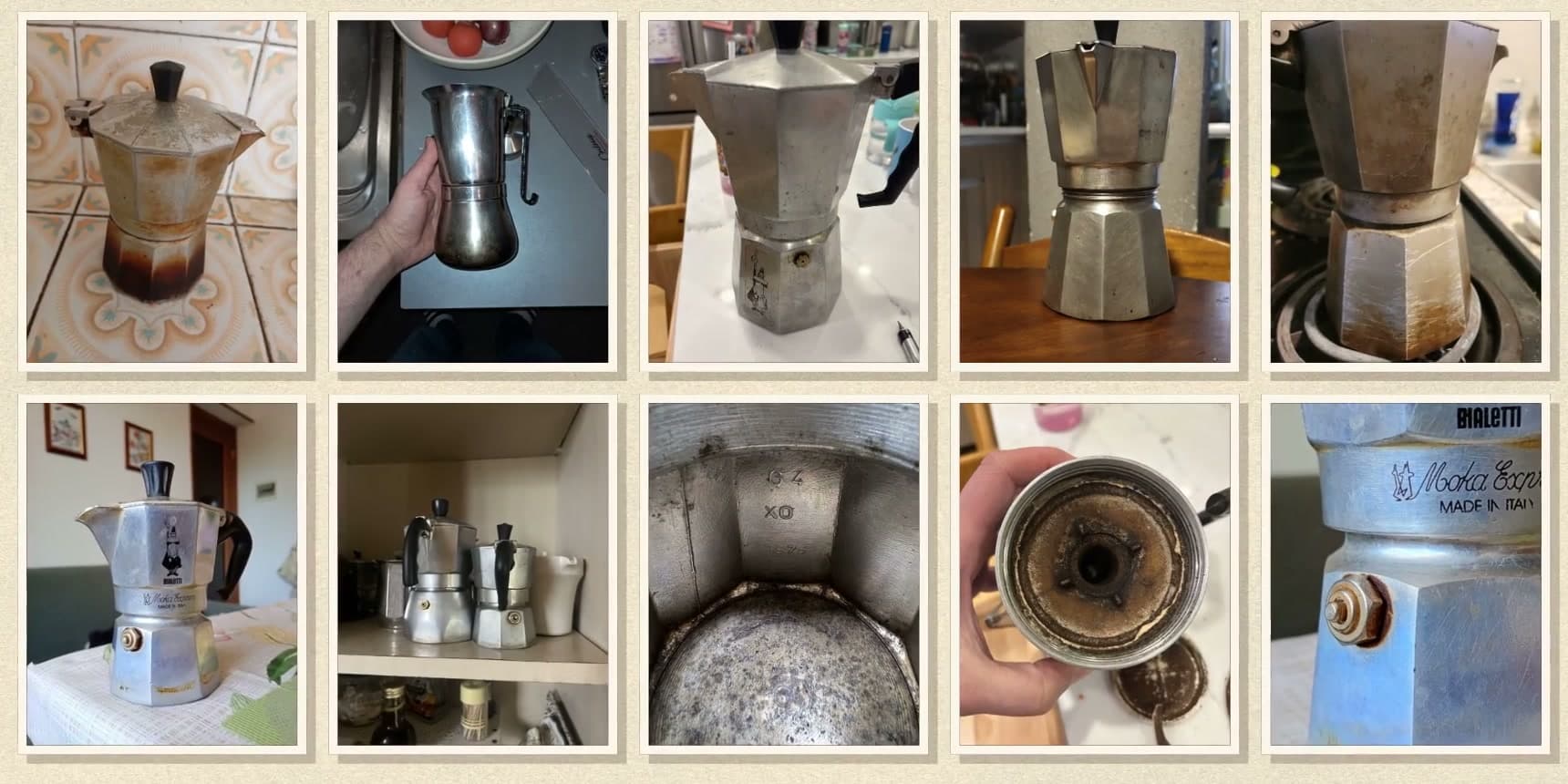 Ten photos of old moka pots posted by owners on r/mokapot: a pot burned brown on a tiled counter, a pot held over a sink, a pot with the Omino on a marble counter, a pot on a wooden table, a scorched pot on an electric coil, a Bialetti on a kitchen table, three pots on a cupboard shelf, the inside of a base stamped 1976, a worn filter basket in a hand and a close up of a Moka Express Made in Italy