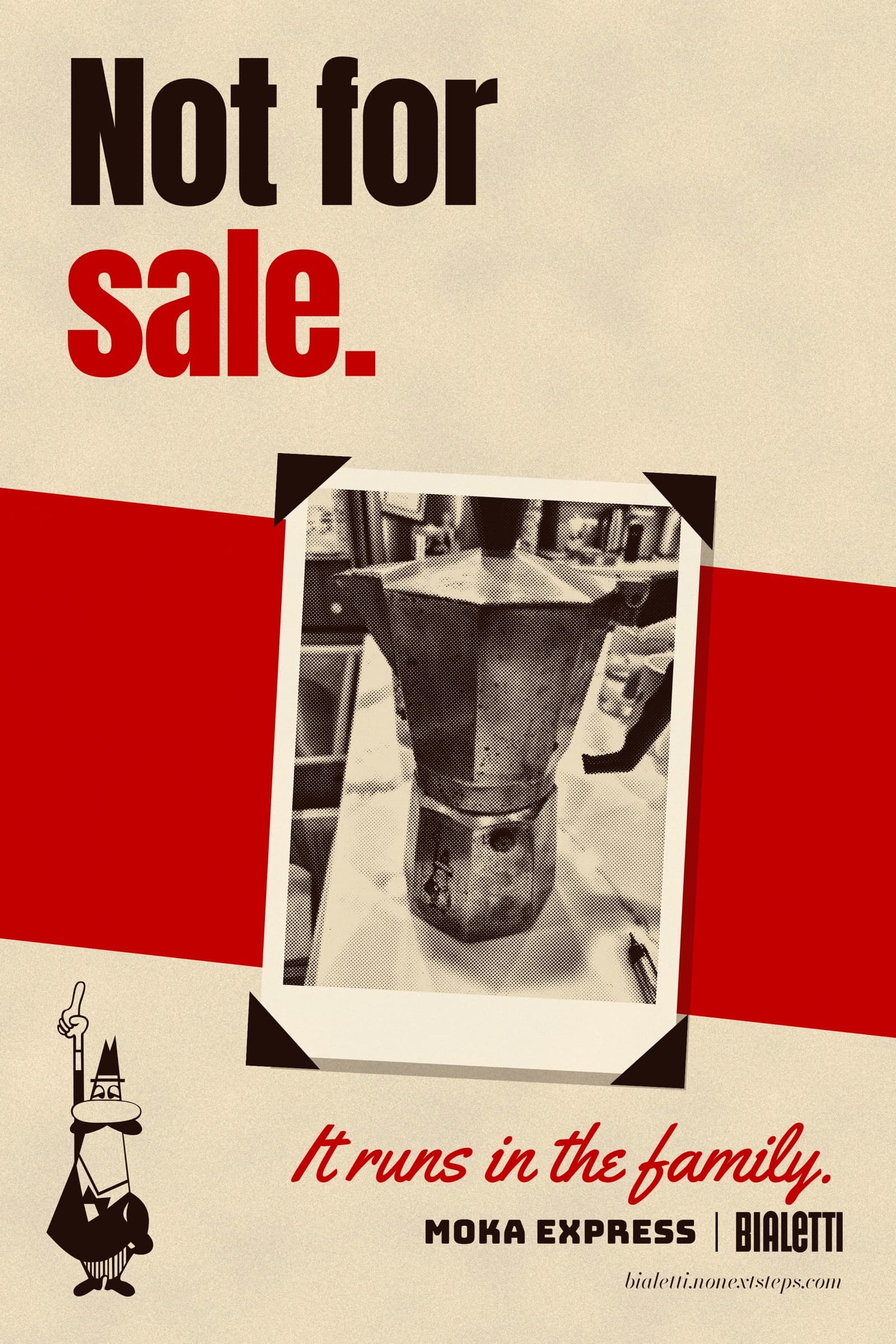 Poster: Not for sale. A family snapshot of Grandma's Moka Express held in black album corners over a red slab. The Omino points up. It runs in the family. MOKA EXPRESS | BIALETTI