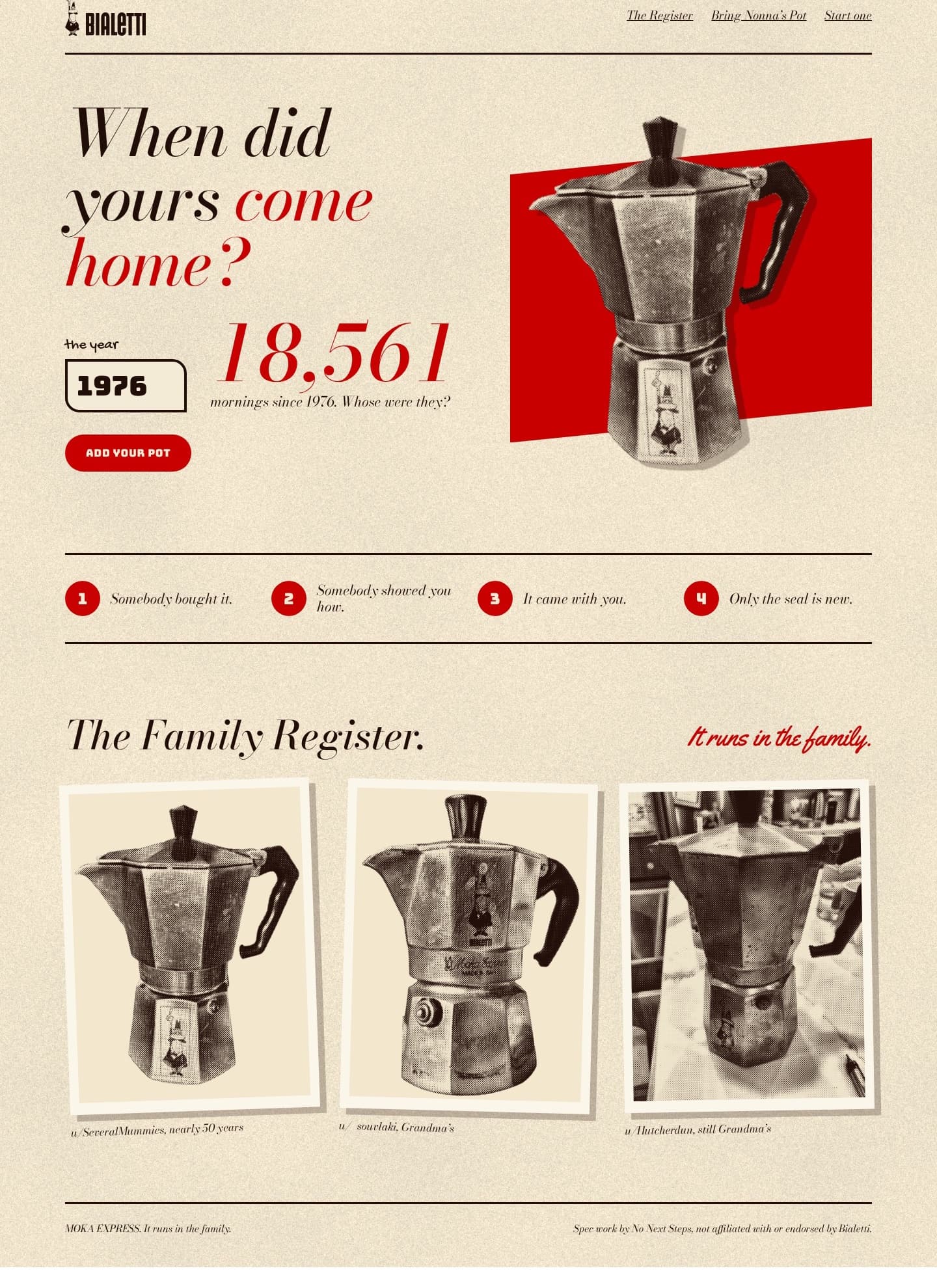 The campaign site: When did yours come home? A year field set to 1976 and 18,561 mornings since 1976. Whose were they? An Add your pot button, a halftone Moka Express on red, four steps ending Only the seal is new and The Family Register with three owners' pots