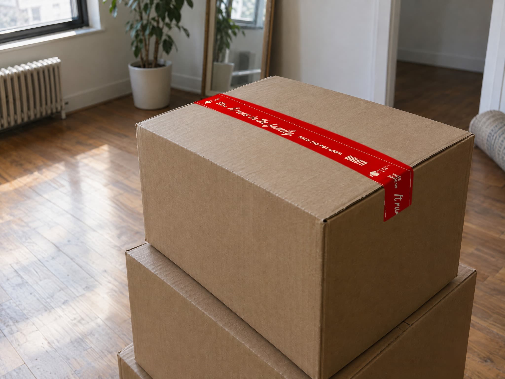 A moving box in an empty apartment sealed with red Bialetti tape that reads It runs in the family. PACK THE POT LAST. with the Omino pointing up as THIS SIDE UP