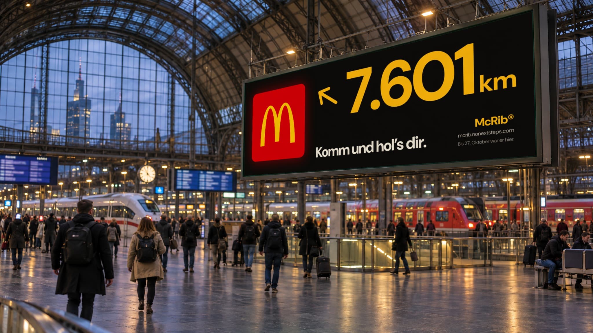 A board hanging in Frankfurt's main train station hall above commuters: an arrow pointing up and left and 7.601 km. Komm und hol's dir. Bis 27. Oktober war er hier.