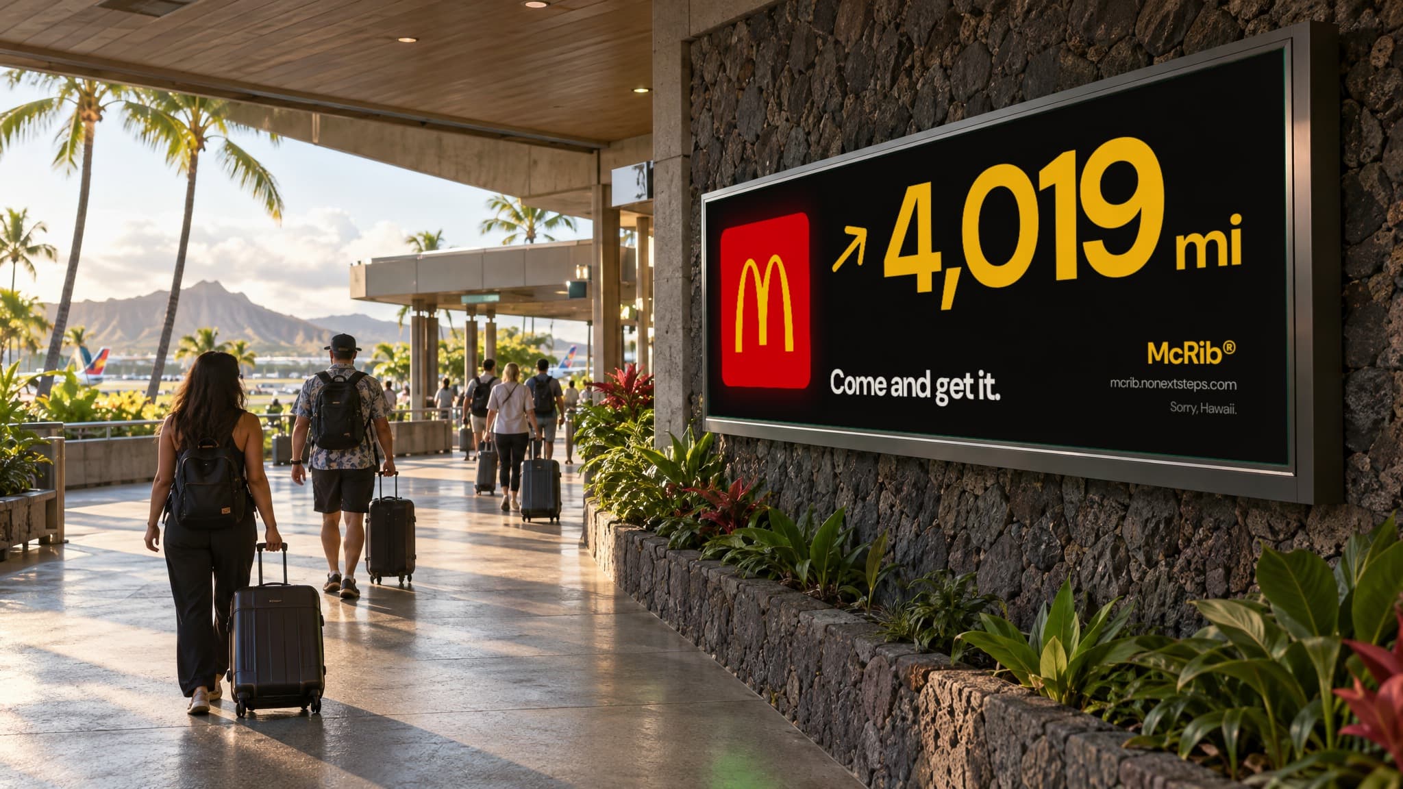 A lightbox in an open-air Honolulu airport walkway, travelers with suitcases passing: an arrow pointing up and right and 4,019 mi. Come and get it. Sorry, Hawaii.