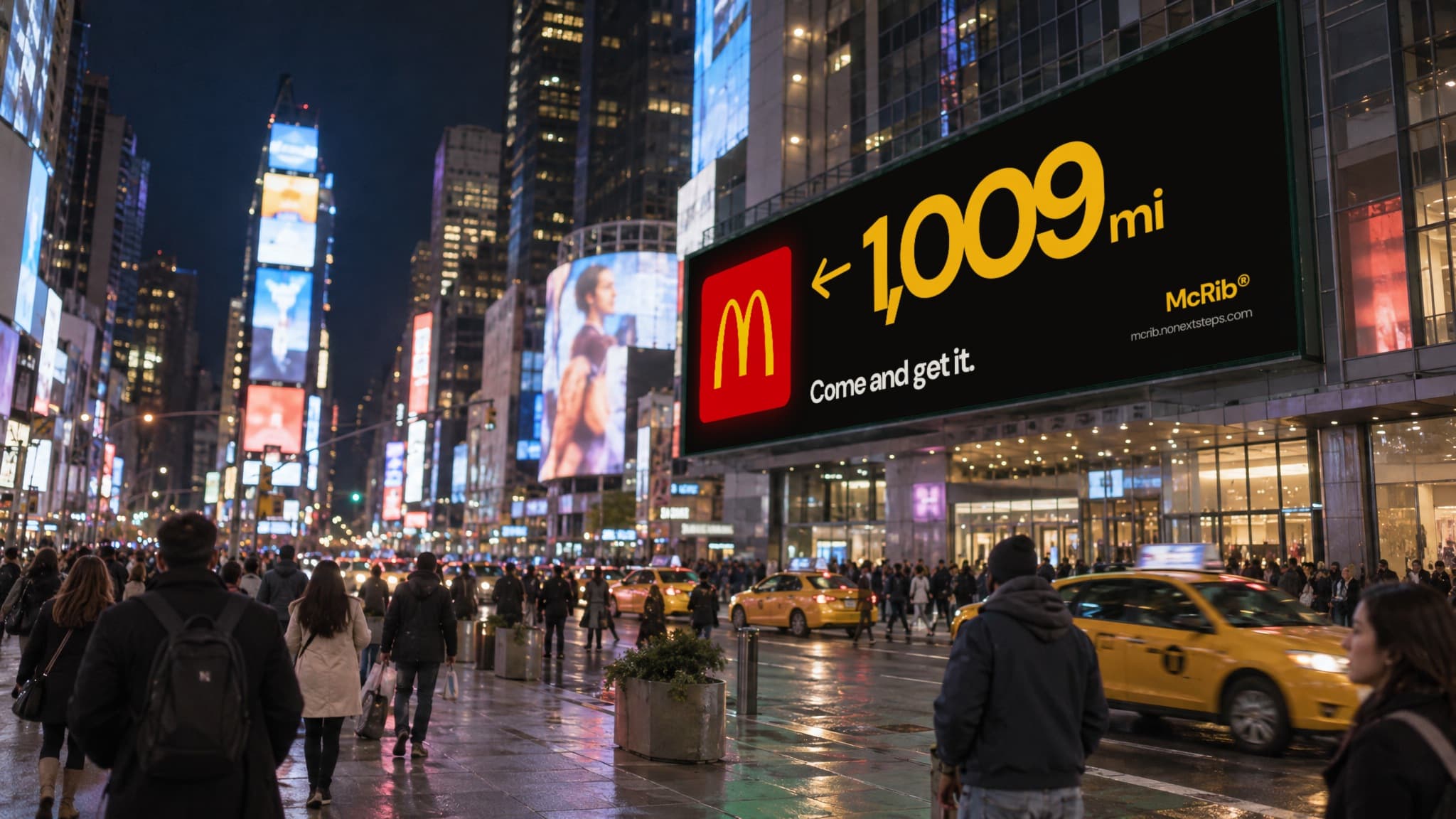 A black billboard over a crowded, rainy Times Square at night: the red arches tile, an arrow pointing left and 1,009 mi. Come and get it. McRib.