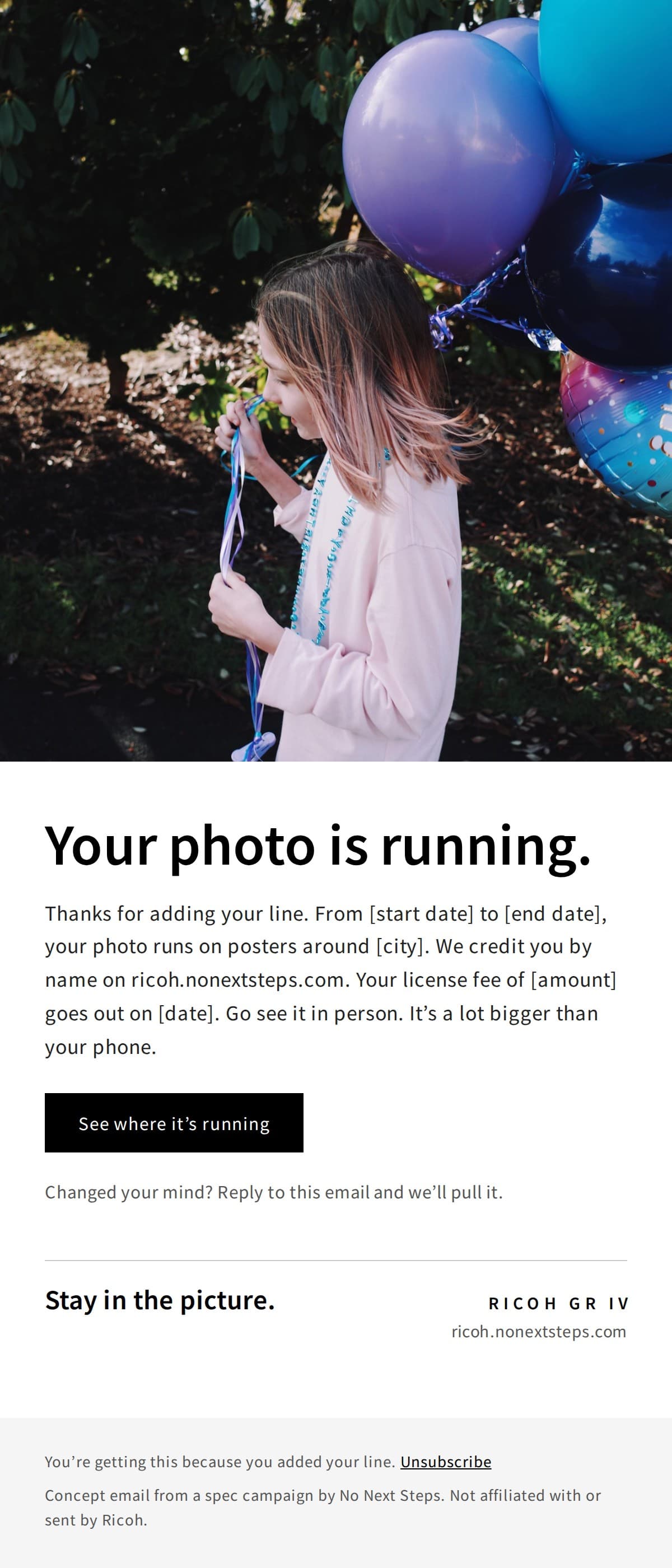 The email a photographer gets when their photo runs: a girl with balloons and the headline Your photo is running