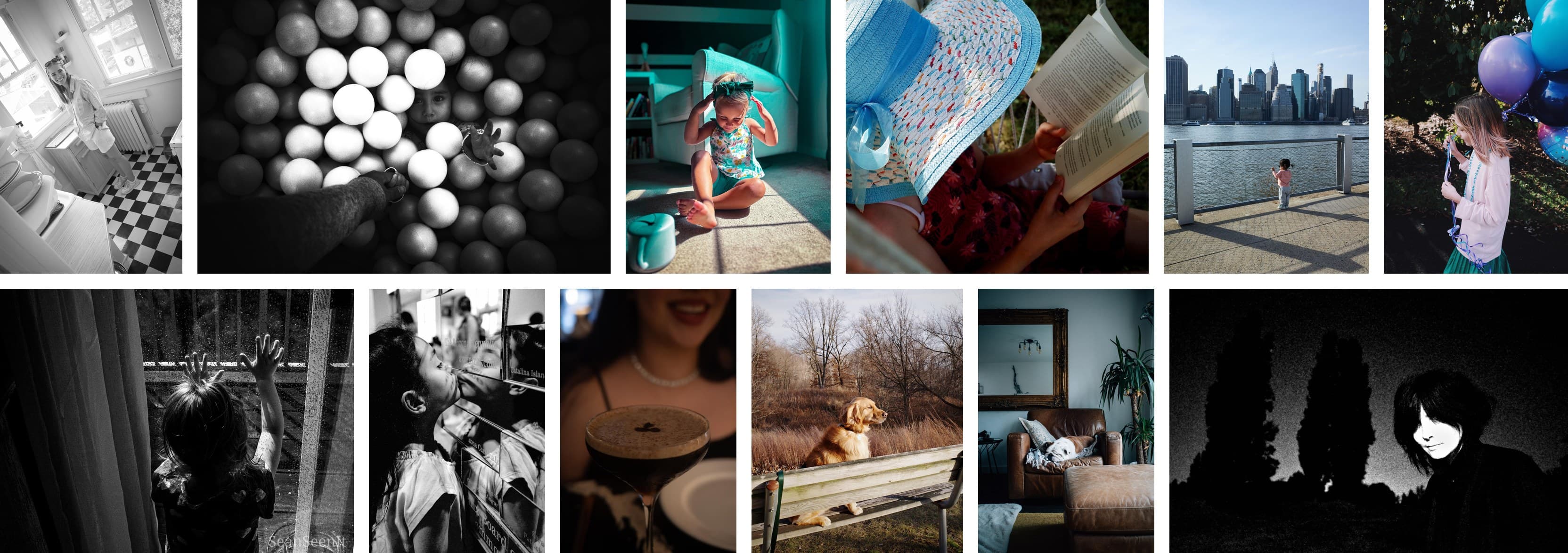 Twelve photos by GR owners on r/ricohGR: a hand reaching into a ball pit, a child reading under a sun hat, a child at a rainy window, a toddler in morning sun, a daughter in a kitchen, a girl kissing her reflection, a girl watching boats, a girl with balloons, dinner across the table, a dog on a bench, a dog asleep in a chair and a night walk