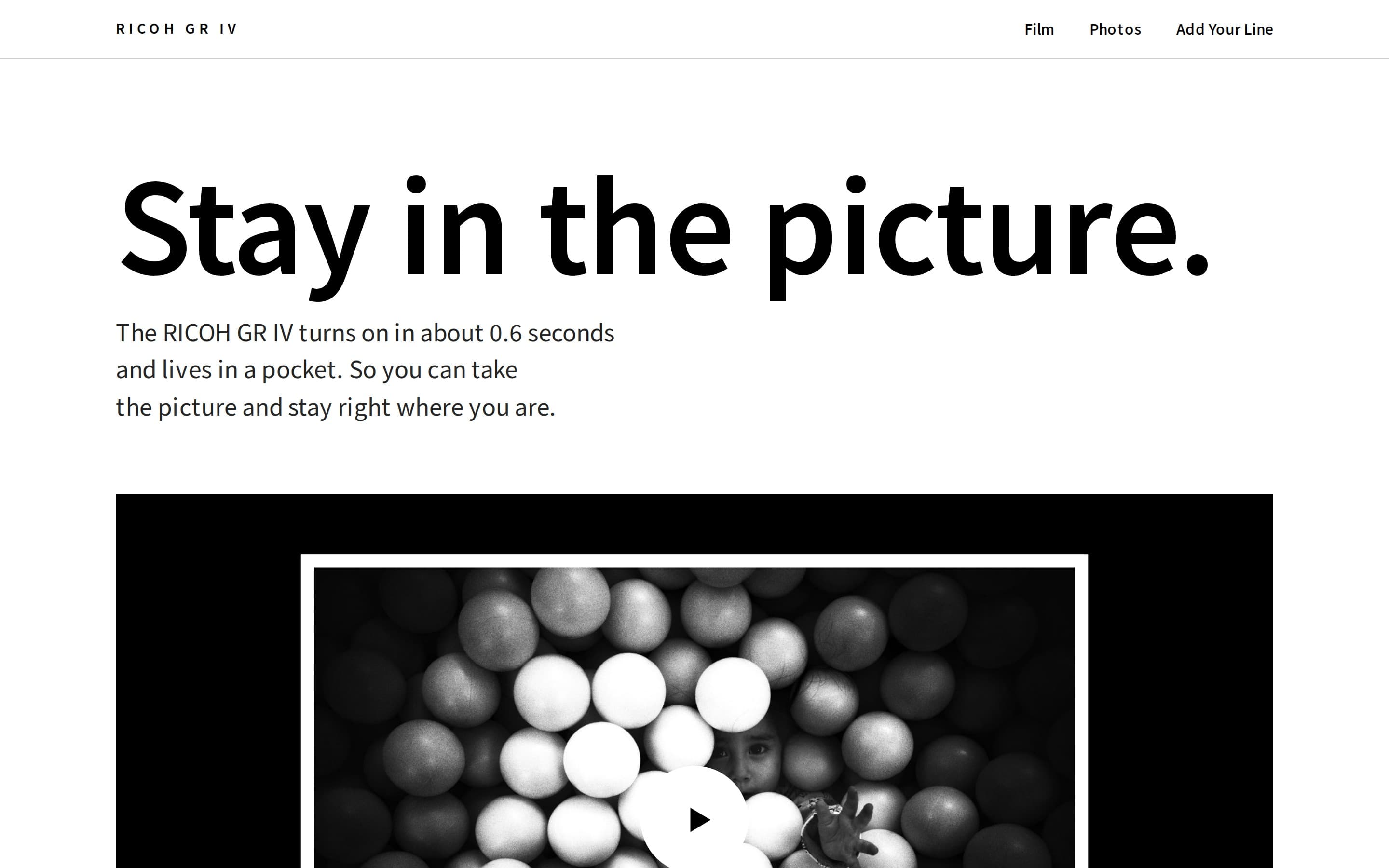 The campaign site at ricoh.nonextsteps.com: Stay in the picture, one line about the GR IV and the film ready to play, with Film, Photos and Add Your Line in the navigation